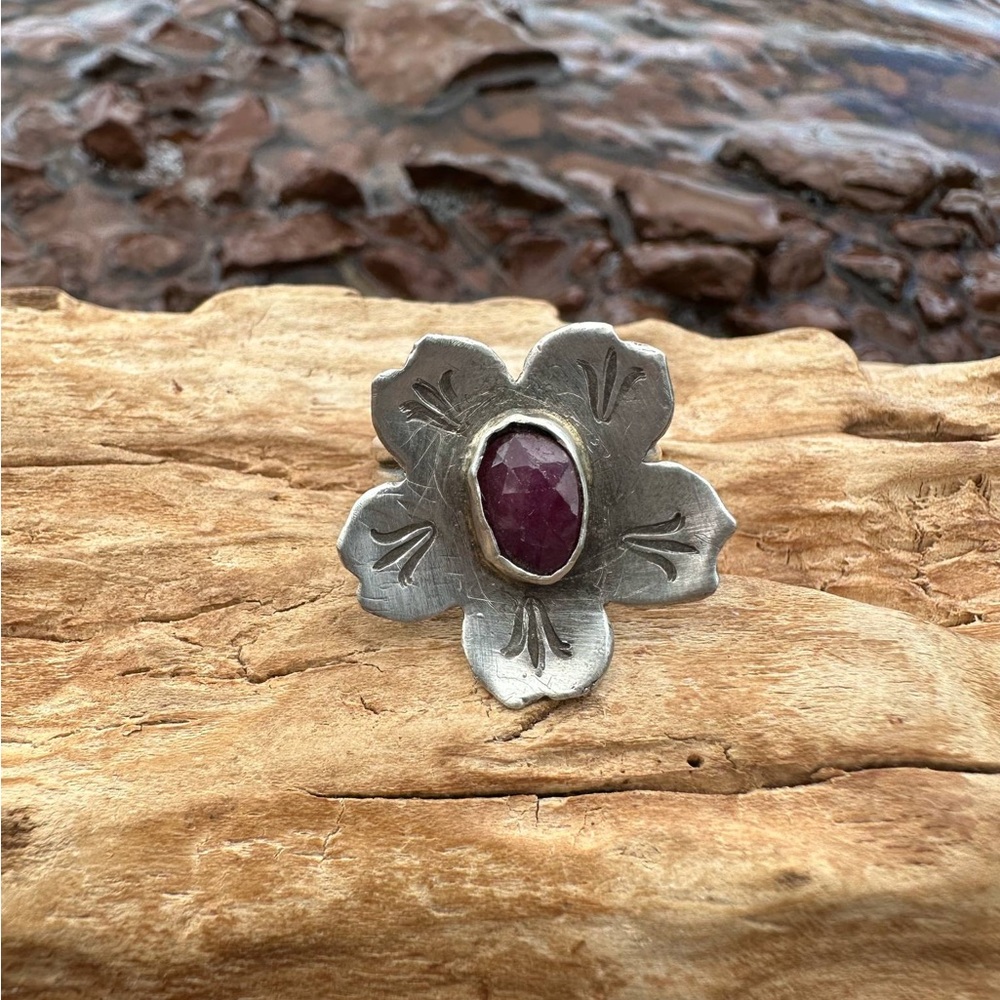 Sterling Silver and Tourmaline Flower Ring, Size 8